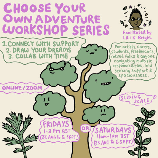 promo for 'Choose Your Own Adventure Workshop Series' with cartoon trees and text about the workshop
